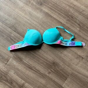 PINK Teal Push-Up Bra with Rainbow Logo Band
